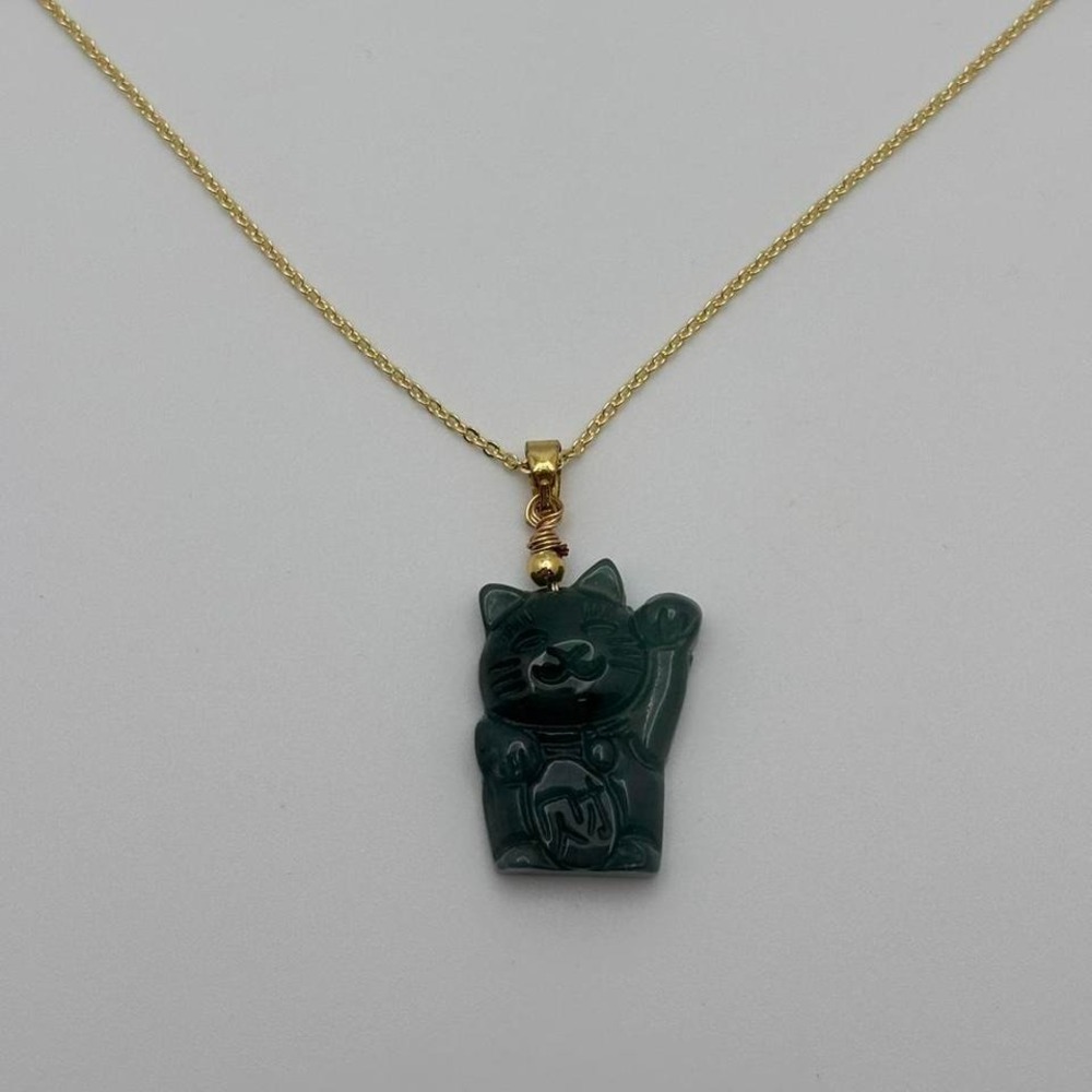 Dark Green Lucky Cat Burma Jade Pendant